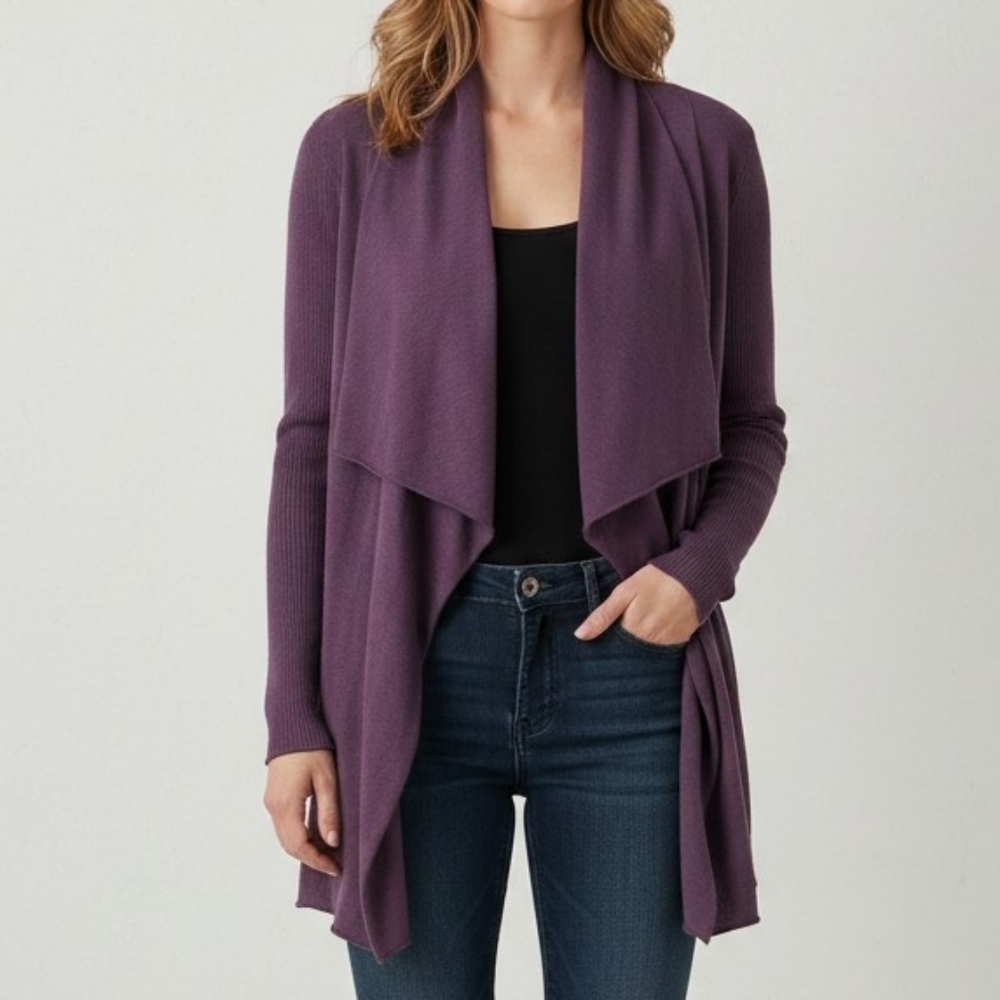 Eileen Fisher Petite Purple 100% Italian Merino Wool Drape Front Cardigan PM